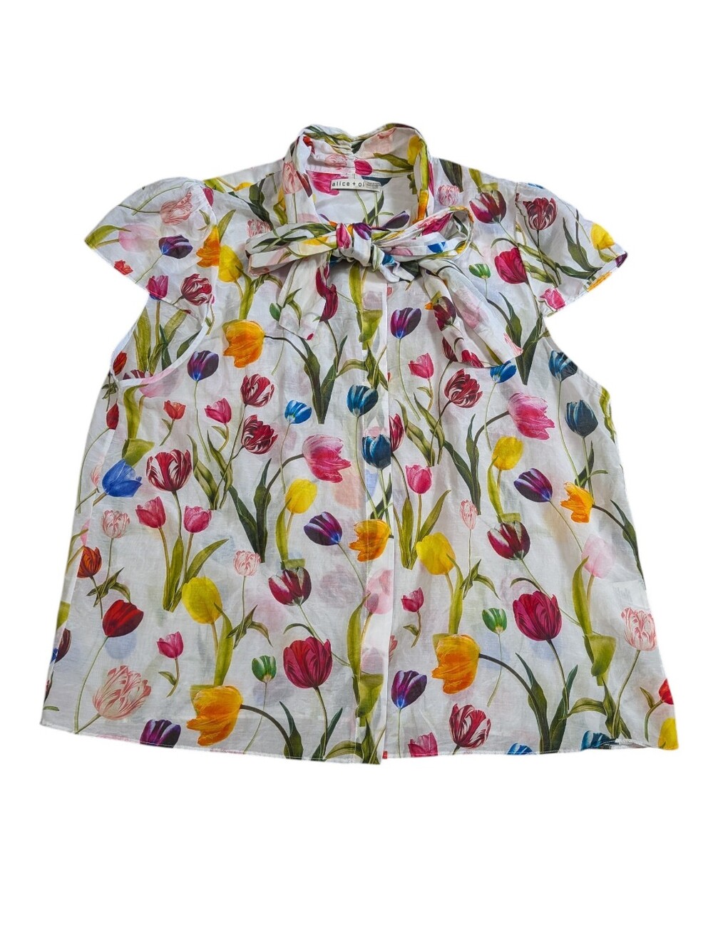 Alice + Olivia Women's Jeannie Floral Kiss My Tulips Tie Neck Blouse size XL - Picture 2 of 8